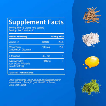 SUPERCALM Powdered Drink - Raspberry Lemonade, Ashwagandha, Magnesium Glycinate, Vitamin D 3, Supplements for Relaxation & Focus