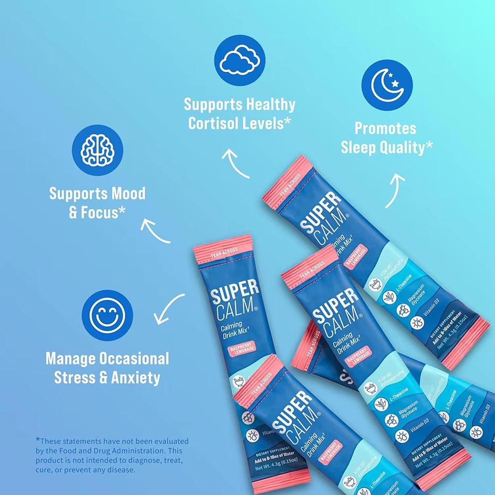 SUPERCALM Powdered Drink - Raspberry Lemonade, Ashwagandha, Magnesium Glycinate, Vitamin D 3, Supplements for Relaxation & Focus